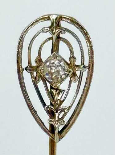 Prendedor de sombrero vintage Art Nouveau de oro de 14 quilates con solapa de lágrima de diamante de 0,14 quilates - Imagen 2 de 24