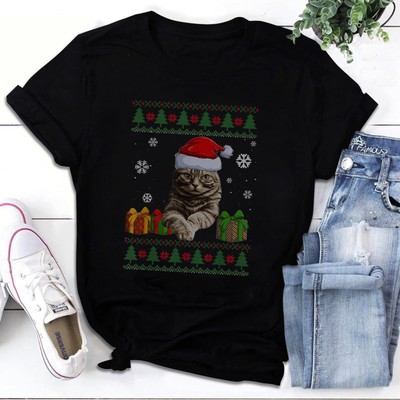 Funny Cat lovers Cute Cat Santa Hat Ugly Christmas T-Shirt