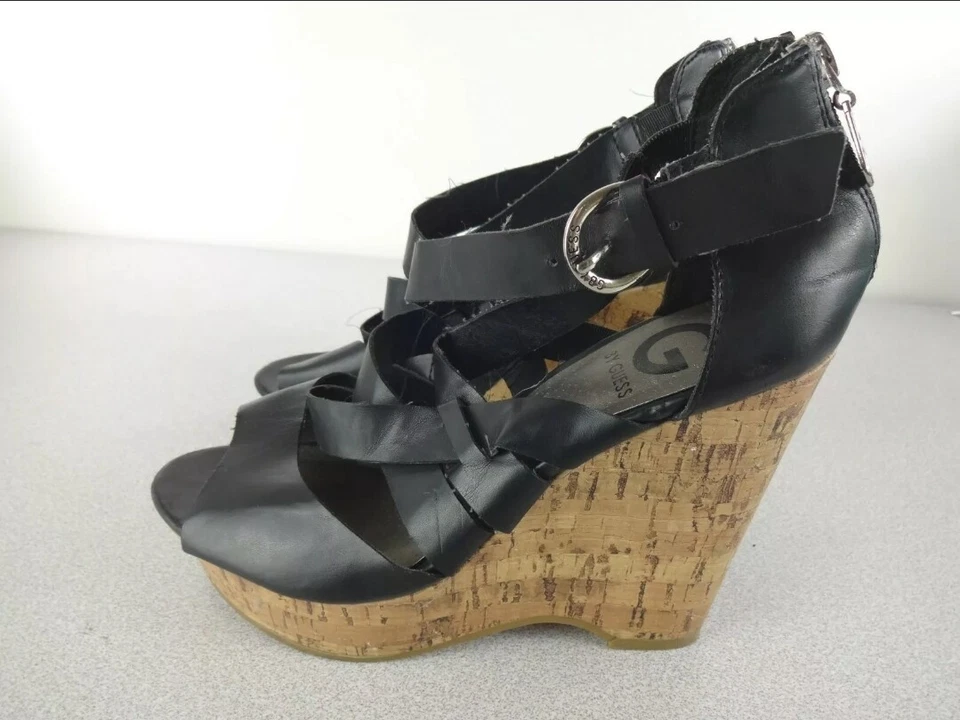 G by Guess Passage Strappy Cork Wedge Sandal Platform Heel Shoe Black Size 8.5 - Image 4 of 4