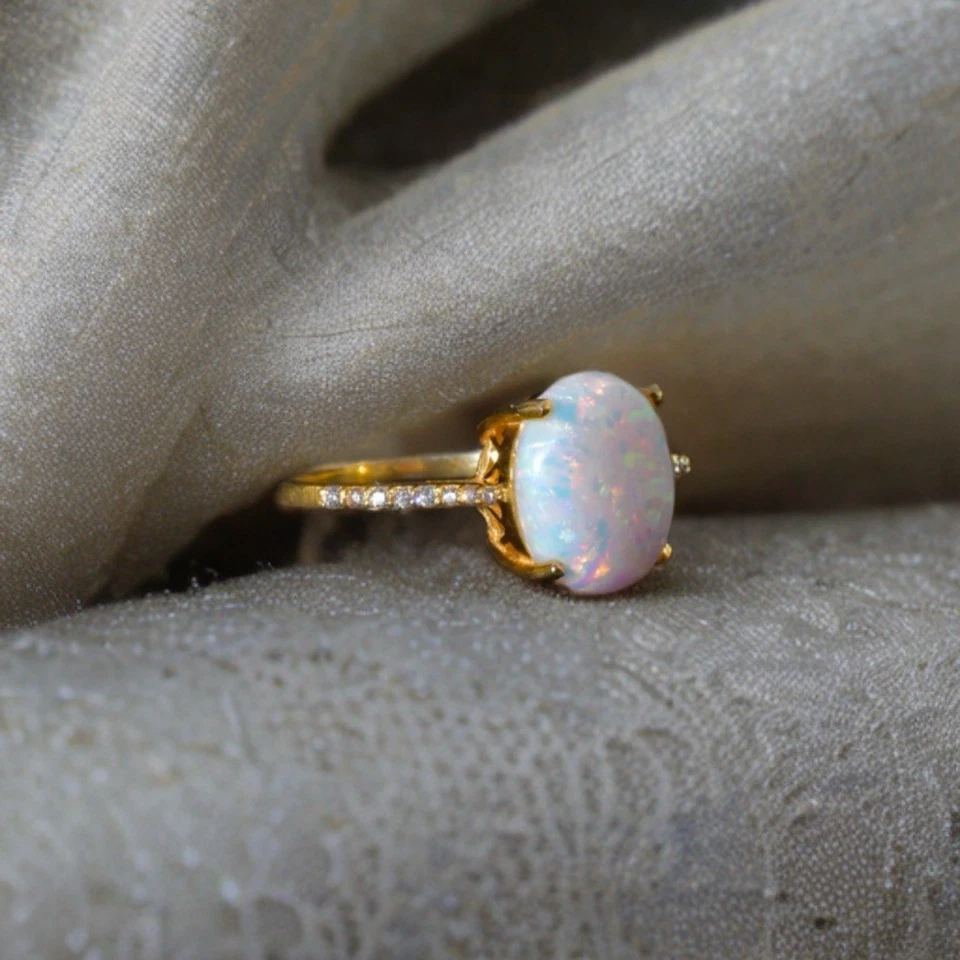 Anillo de compromiso ópalo etópico corte ovalado acabado oro amarillo 14k todos los tamaños Foto 2 de 4