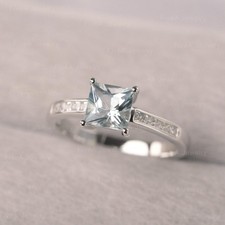 Princess Cut Aquamarine Ring, 925 Sterling Silver Promise Ring, Gift For Her