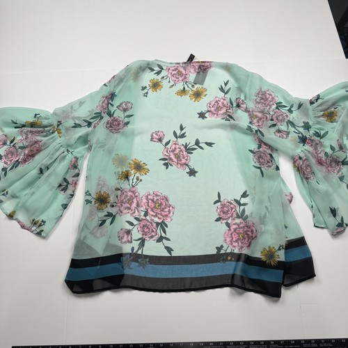 Lane Bryant Kimono Cardigan Womens 14/16 Green Floral Sheer Ruffle Sleeve Layer - Picture 7 of 10