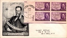 US FDC-Joseph Pulitzer-Plate Block-1947-Scott #946