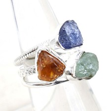 Boho Multi Raw Gemstone Ring 925 Sterling Silver Crystal Statement Ring -RR311