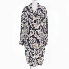 CHANEL one piece COCO Mark pattern 90s silk long sleeves Beige navy Women 38