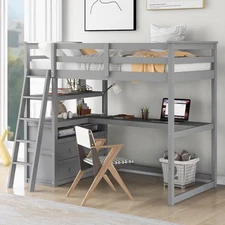 Twin Size Loft Bed w/Desk and Shelves，Two Built-in Drawers，Gray(old SKU:GX000803