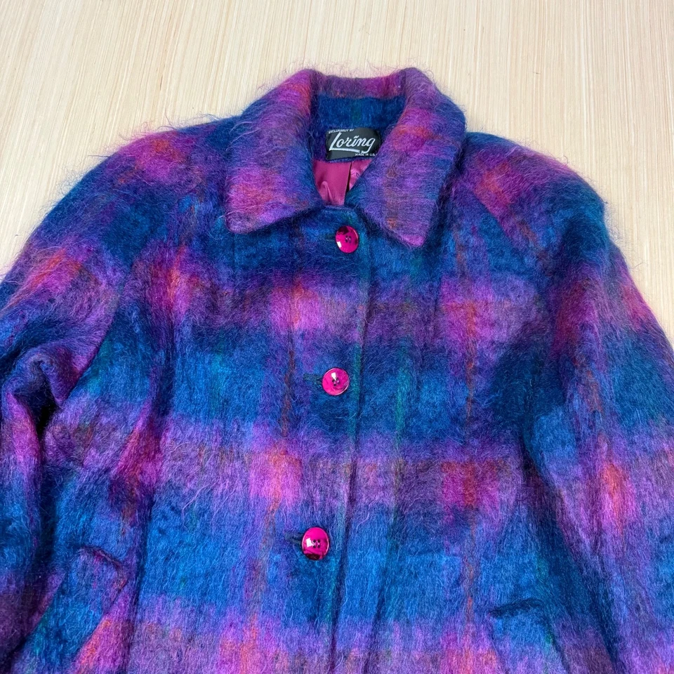 Abrigo Mohair Vintage Años 60 Cuadros Hecho en Unión EE. UU. Chaqueta Rosa Azul Mujer XL Atomic Foto 4 de 4