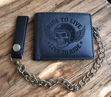 Genuine Leather Biker Bi-Fold Black Wallet with 12" Chain Ride to Live Skull