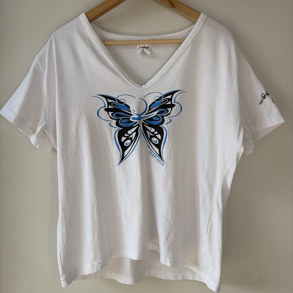 Y2K 2000s Girl Rider Australia Butterfly V-Neck Baby Tee Women’s Size 18 Curve
