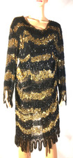 Vintage Niteline by Della Roufogali Black Gold Beaded Sequin Cocktail Dress 80s