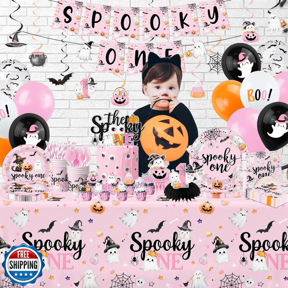 Жуткий один день рождения украшения девочка, розовый Хэллоуин 1-й день рождения вечеринки Suppl - Изображение 4 из 4