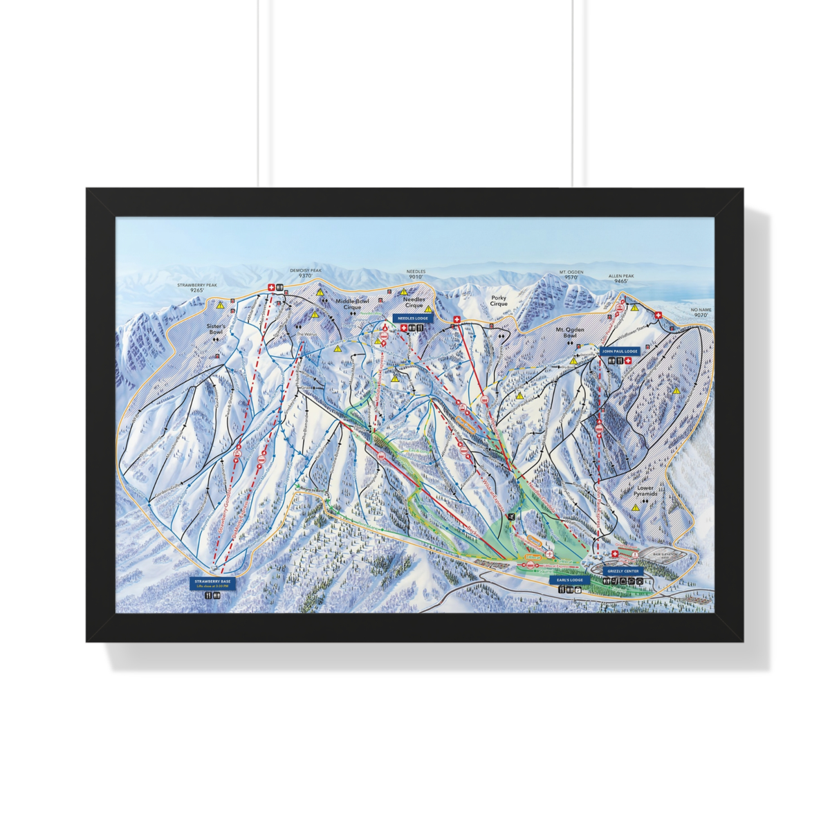 Snowbasin UT Trail Map Framed Poster Utah Ski Resort 30x20