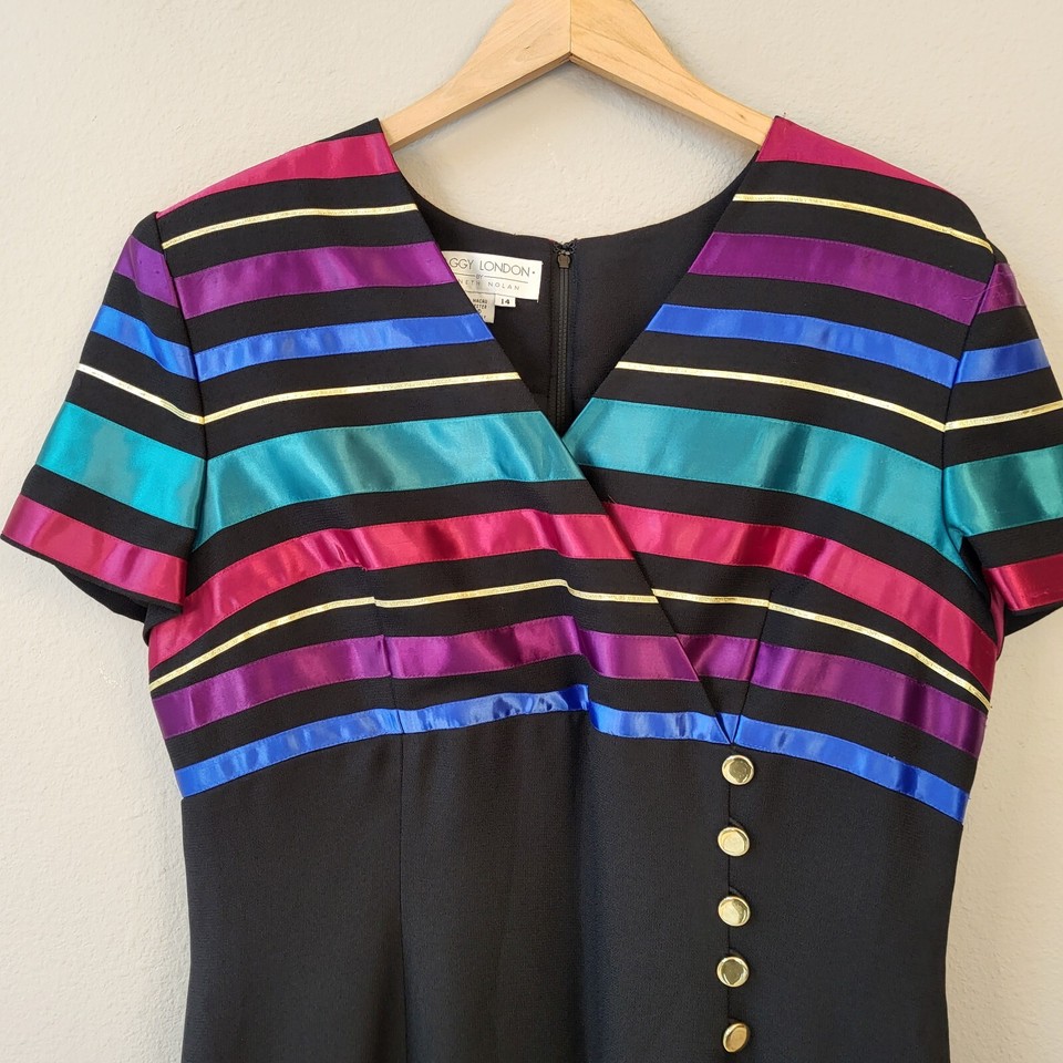 VTG Maggy London Evening Party Dress Sz 14 Long Maxi 90s Colorful Satin