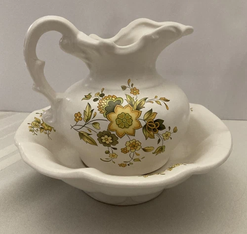 Vintage McCoy Ceramic Pitcher and Bowl Set Yellow Flowers With Beige Background