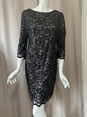Cache Women Black Lace Sequin 3/4 Sleeve Dress size 14/XL Excellent