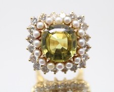 14K YG NATURAL CHRYSOBERYL GREENISH YELLOW WITH PEARLS AND DIAMONDS AGL CERT 6US
