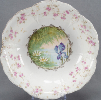 Rosenthal Purple Iris Water Lilies Pink Rose & Gold Large Bowl Circa 1891 - 1906