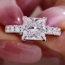 3CTW Princess Cut VVS1 Moissanite Wedding Engagement Ring 14k White Gold Plated