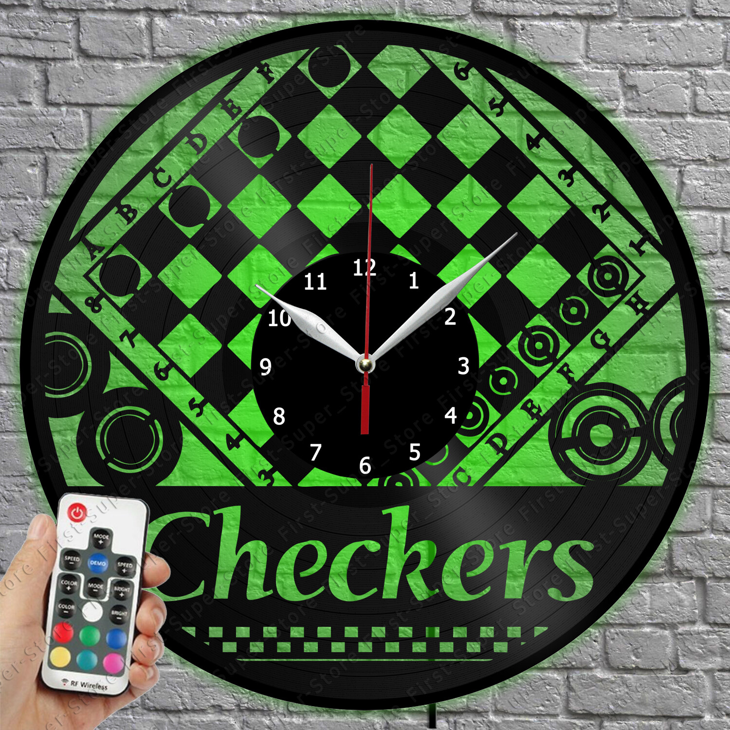 LED Glow Checkers Vinyl Record Wall Clock with Retro Light 1759