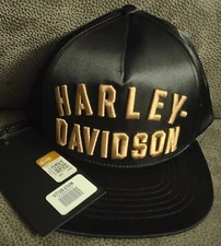 HARLEY DAVIDSON Hat Cap Trucker Black Satin Snapback Flat Brim Sewn HD Logo NWT