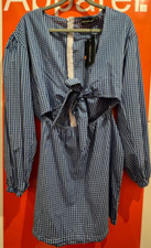 Pretty Little Thing Gingham Bow Tie Front Bodycon Dress, Blue, Size 12, /SF/8993