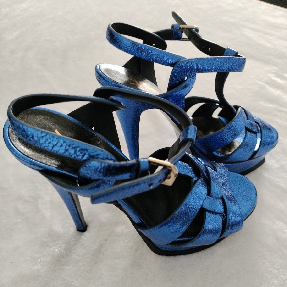 Saint Laurent Tribute sandalo plateau metallizzato in metallo blu taglia 5