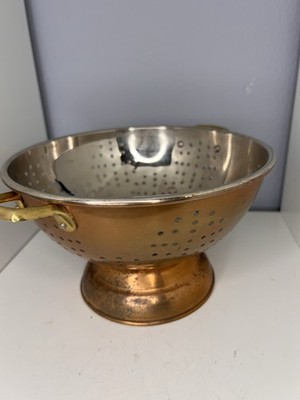 Vintage Copper Colander Tin Lined Brass Handles Footed Strainer Kitchen Decor