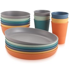 Plastic Plates and Bowls Sets, 18pcs Unbreakable Camping Dinner Set for 6 wit...