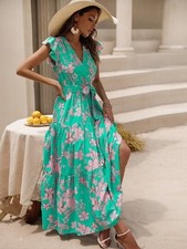 Shein Womens Floral Maxi Dress Ruffle Hem Belted Mint Green XL Boho Beach Casual