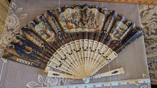 Vintage Hand Fan Carved Pierced Sticks Paper French Scenes on 2 Sides AS IS