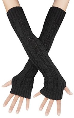  Womens Winter Warm Over Elbow Long Fingerless Thumb Hole Gloves Mittens Black