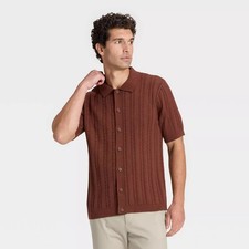Men's Short Sleeve Cable Full Button Sweater - Goodfellow  Co Brown XL
