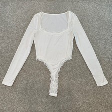 White Bodysuit Lace Trim Square Neck Long Sleeve Thong Top size medium 