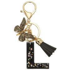 Initial Letter Keychain, Cute Butterfly Keychain with Tassel Letter L, Black