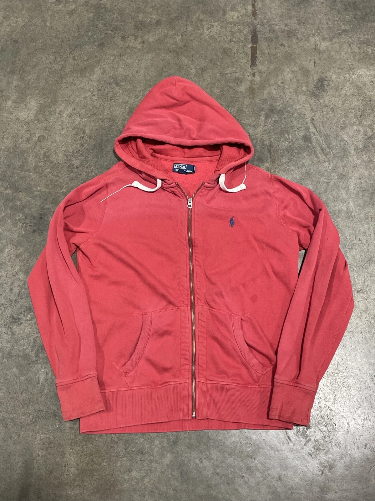 Vintage Polo Ralph Lauren Red Hoodie Faded Thermal Fleece Sz L Zip Up Y2K Pony