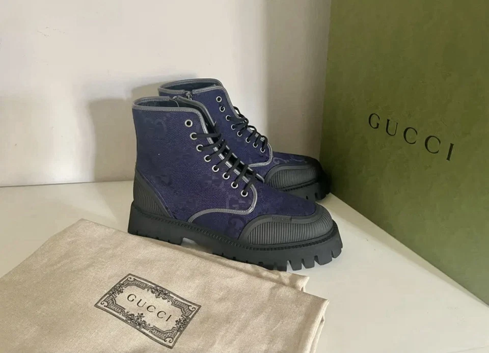 Hombres Gucci Maxi GG Combate Lona Con Cordones Azul Gucci Botas Talla 9 Foto 2 de 4