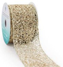     Sparkle  Shape CRAFT Champagne Gold Glitter Mesh Wired Ribbon 2.5" x 10 Yrd