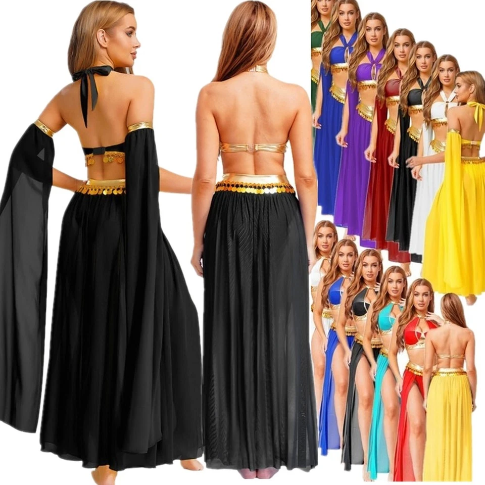 Mujeres Árabe Danza del Vientre Halloween Disfraz Halter Top Corto y Falda de Malla Dividida Foto 3 de 3
