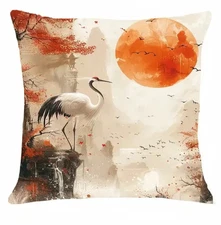 Beautiful Red Crowned CRANE Orange Moon Cherry Blossom Pillow Cover 18"x18"