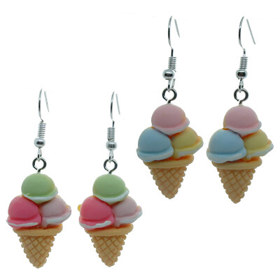 Niedliche dreifache Kugel Eis Hänger Tropfen/Clip auf Ohrringe Kawaii Funky Retro