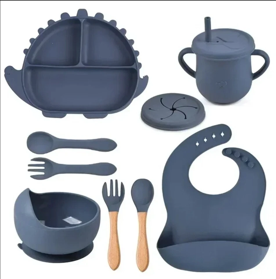 Juego de alimentación de silicona para bebé - babero, taza para sorber, taza para bocadillos, cuchara, tenedor, plato, cuenco, Foto 4 de 4