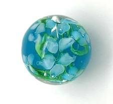 22mm Hibiscus Art Glass Shooter Marble 1 Inch Clear Aqua w Light Blue Flowers