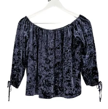 American Eagle Outfitters Blouse Women Small Velour Velvet Blue Peasant Boho Top