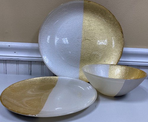 VIETRI Two Tone Glass White & Gold Dinner & Salad Plate & Cereal Bowl NEW - 第 3/8 張圖片