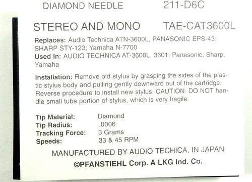 *OPEN BOX* Pfanstiehl 211-D6C Phonograph Needle for Audio Technica and More! - Picture 2 of 7