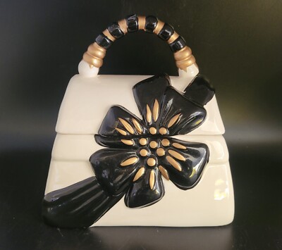 David's Cookies Black & Gold Ribbon Cream Purse Ceramic Cookie Jar 6 1/2'' Tall