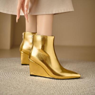 Women's Gold Fall Winter Back Zip Pointed Toe Wedge High Heel Ankle Boots  Shoes