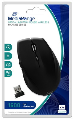 Mediarange Funk Maus highline optisch kabellos 5 Tasten 1600 dpi schwarz MROS208