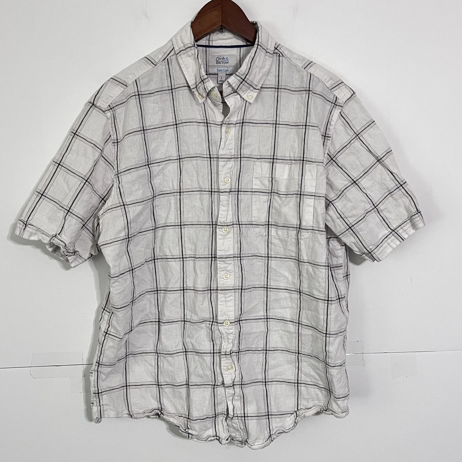 Croft Barrow Mens Shirt Size L White Checkered Linen Blend Short Sleeve