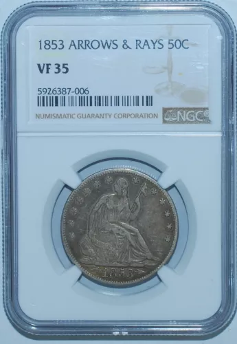 1853 NGC VF35 With Arrows And Rays Seated Liberty Half Dollar